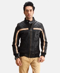 Mens Black Quilted Leather Bomber Jacket