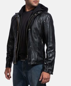 Mens Highschool Black Leather Hooded Jacket