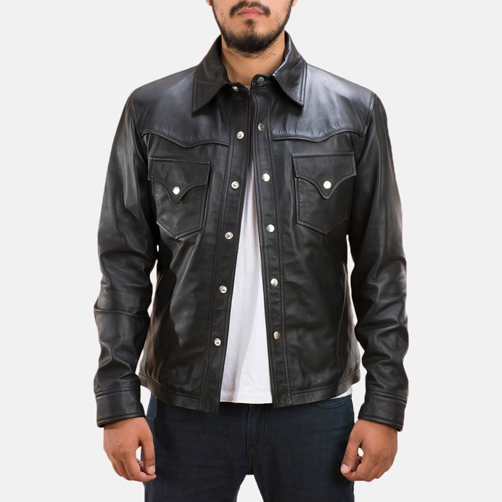 Mens Ranchson Black Leather Shirt-1491324162360 (1)