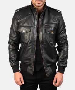 Men's Agent Shadow Black Leather Bomber Jacke