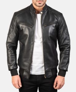 Men's Bomia Ma-1 Black Leather Bomber Jacket